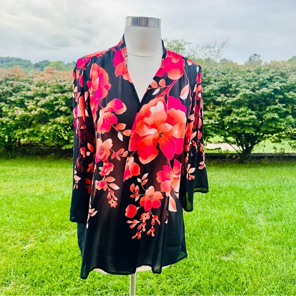 Susan Graver Kimono Black Chiffon Open Front Floral Print - Picture 2 of 16